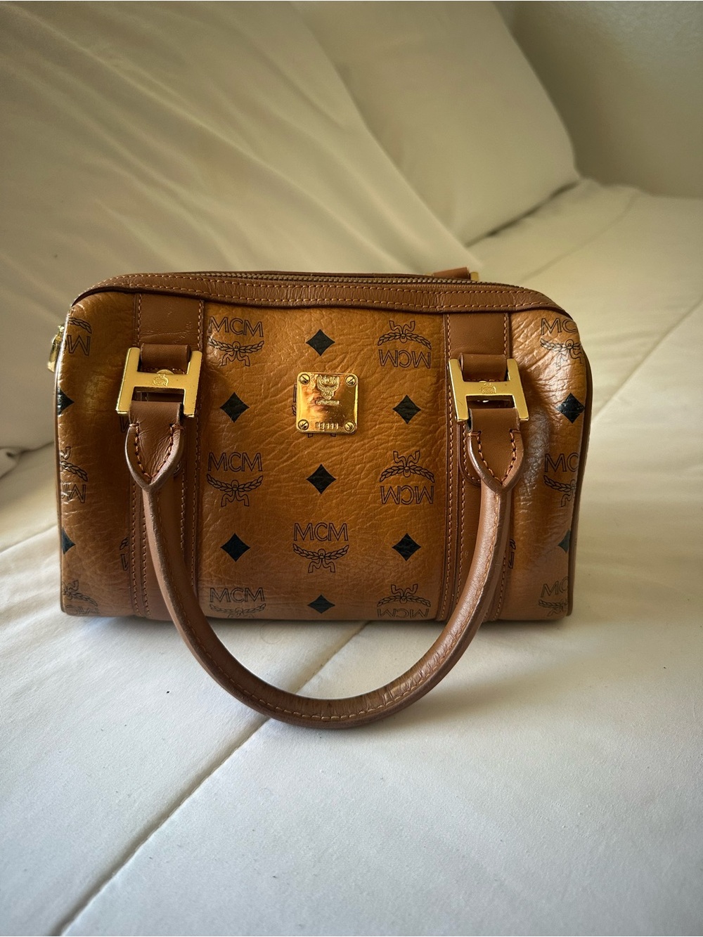 MCM Cognac Logo Visetos Dome Satchel - Brown & Black